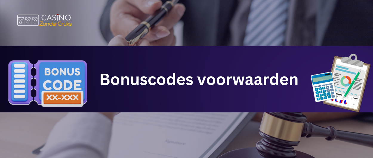 Bonuscodes voorwaarden met icoontjes van code, calculator en documenten op achtergrond van handtekeningmoment.