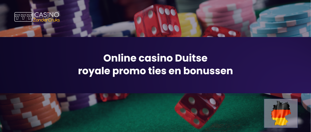 Banner over online casino's in Duitsland, met de tekst 'Online casino Duitse royale promo ties en bonussen' naast dobbelstenen en casinofiches, en een Duitse vlag.