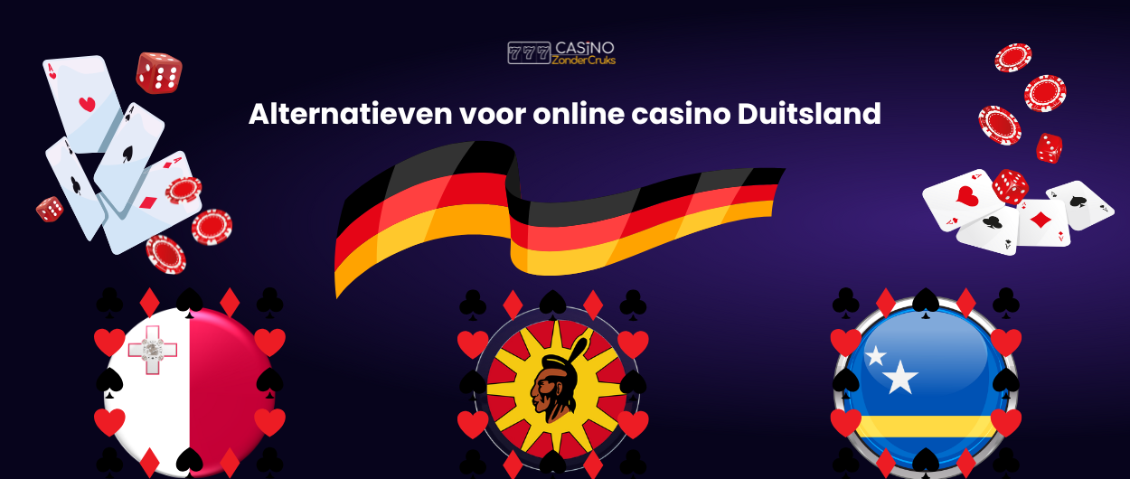 Banner met de tekst 'Alternatieven voor online casino Duitsland', met een Duitse vlag en de vlaggen van Malta, Curaçao en de Gouden Leeuw, naast casinospellen zoals speelkaarten, dobbelstenen, en fiches.