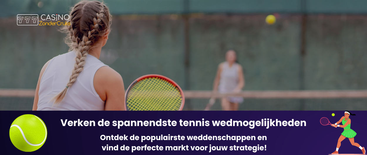 Illustratie van een vrouwelijke tennisser in actie met een banner die de tekst "Verken de spannendste tennis weddenschappen" en "Ontdek de populairste weddenschappen en vind de perfecte markt voor jouw strategie!" bevat, op een achtergrond van een tennisveld.